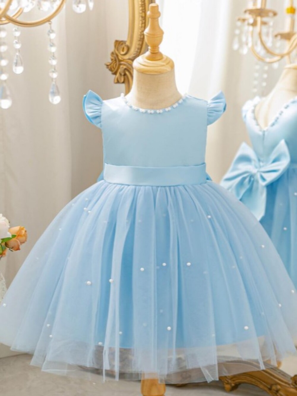 Princess Pageant Wedding Flower Girl Pearl Tutu Bowknot Backless Party Dress
